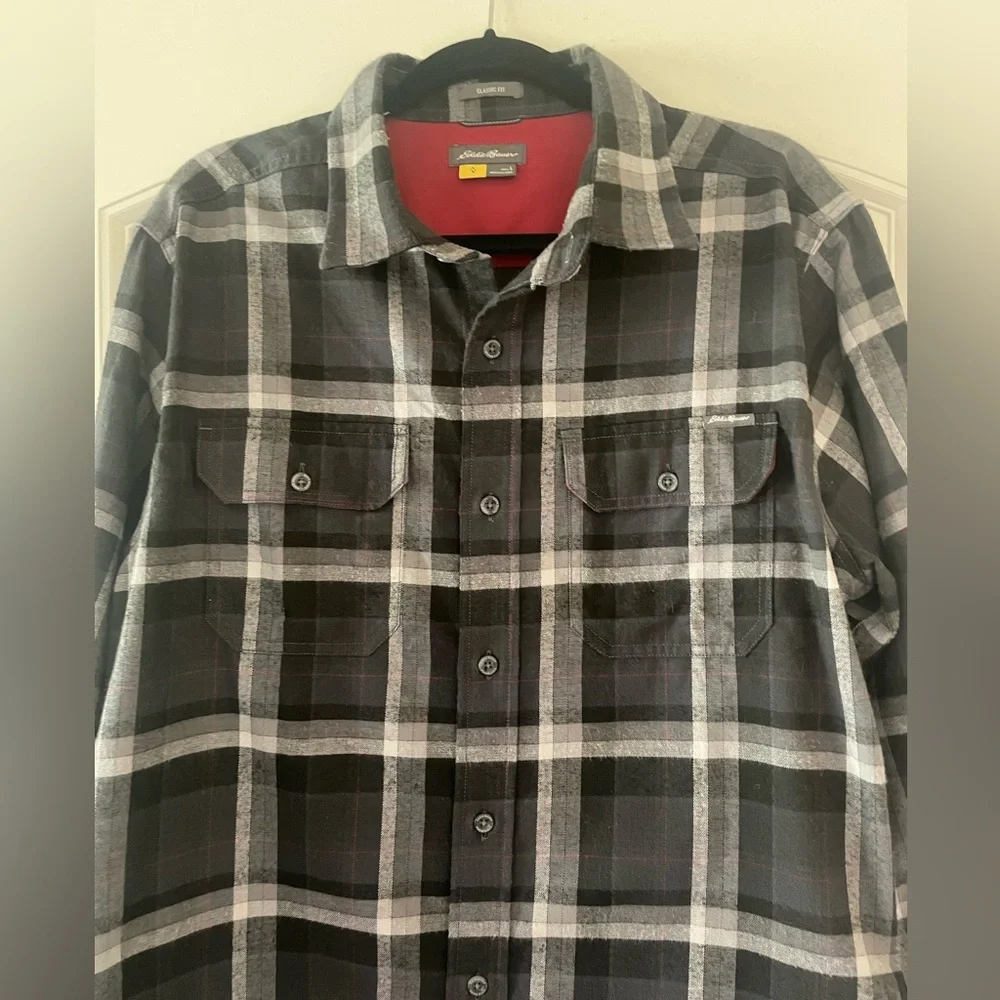 Eddie Bauer Black and Gray Plaid Button-Up Shirt - Picture 2 of 10